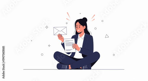 Woman sitting cross-legged holding an envelope and document, happy expression, business concept