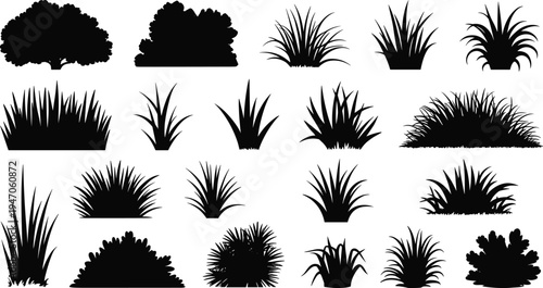 Grass and bush silhouettes vector set, botanical garden plants collection, black nature foliage landscape elements isolated, flat vector illustration