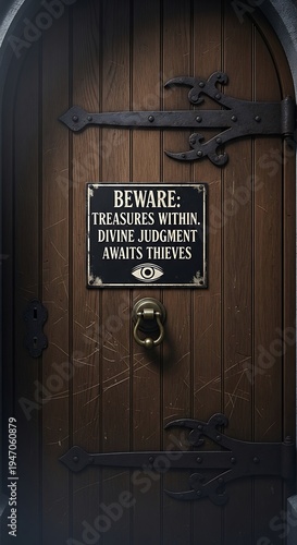Vintage Wooden Door with Warning Sign.
