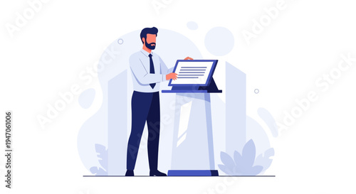 Man presenting on a digital screen at a podium, business presentation concept
