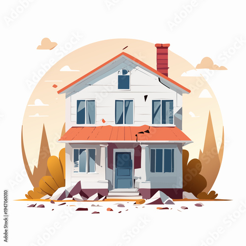 Illustration of a dilapidated old house with cracked walls and debris, symbolizing neglect and the need for renovation or repair