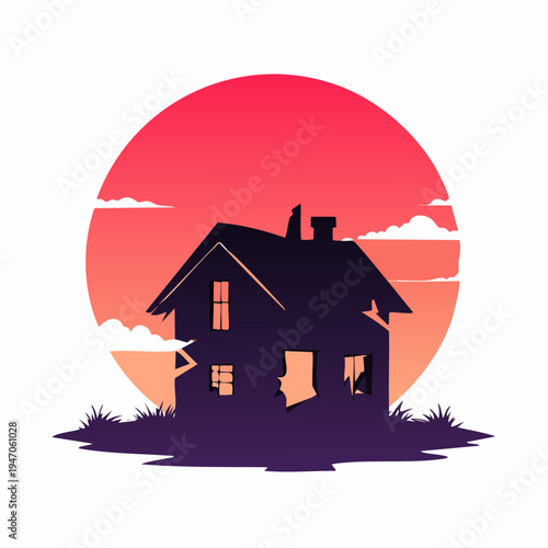 Stylized Silhouette of an Old Abandoned House Against a Vibrant Gradient Sunset