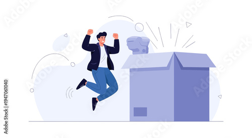 Excited Man Jumping for Joy Next to Open Delivery Box with Surprise Inside