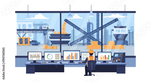 Factory Production Control Room with Operator Monitoring Industrial Automation Data and Processes