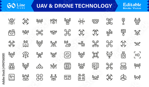 UAV And Drone Technology Line Icon Pack – Unique, Clean, and Editable Outline Illustrations for Flight and Automation