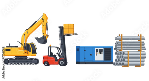 Heavy Construction & Industrial Equipment Set: Excavator, Forklift, Power Generator, Materials & Building Supplies Vector