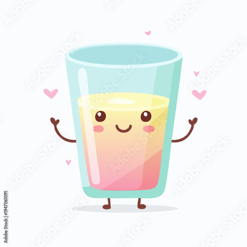 Sweet and refreshing layered beverage illustration with a cute cartoon face, radiating cheerful happiness and vibrant flavors