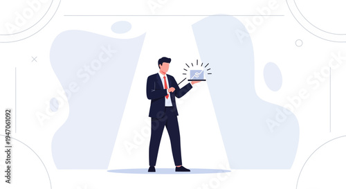 Businessman presenting digital idea on laptop with glowing icon, modern flat illustration