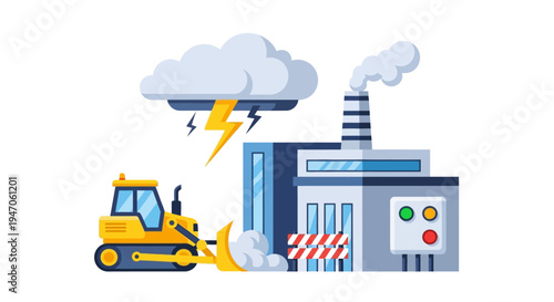 Industrial Factory Operations Disrupted by Storm and Lightning. Bulldozer Ready for Repair. Energy Crisis, Production Interruption Concept