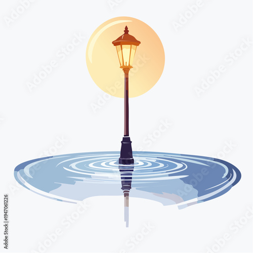 Street lamp reflected in water ripples creating an ethereal glow under a hazy sun
