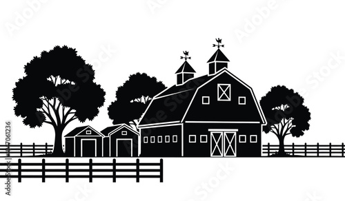 A silhouette illustration of a countryside farm with a large barn building and surrounding trees