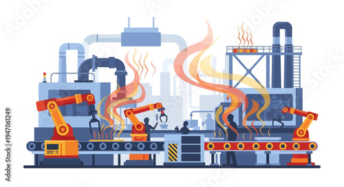 Automated Industrial Factory Production Line with Robotic Arms, Human Workers, and Heat Process Illustration