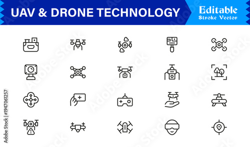 UAV And Drone Technology Line Icon Pack – Unique, Clean, and Editable Outline Illustrations for Flight and Automation