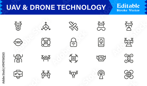UAV And Drone Technology Line Icon Pack – Unique, Clean, and Editable Outline Illustrations for Flight and Automation