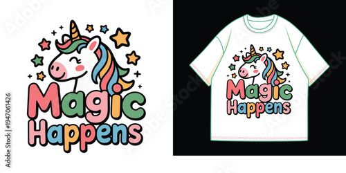 Magic Happens Cute Unicorn Rainbow Cartoon Typography T Shirt Design