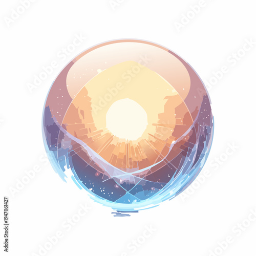 A conceptual illustration of a futuristic urban landscape encased within a radiant sphere, symbolizing global progress and technological innovation