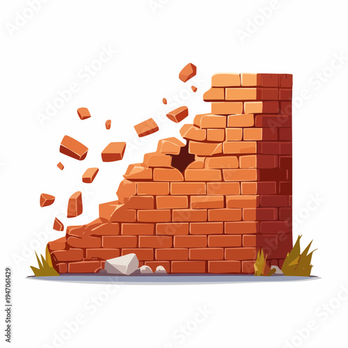 Demolishing old brick wall with scattered bricks and debris on white background