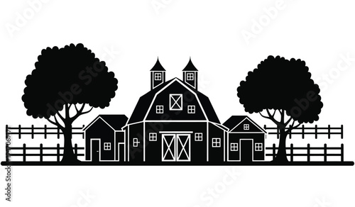 Black silhouette of a rustic farm scene featuring a central barn flanked by trees and wood fences