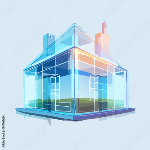 Luminous transparent architectural design showcasing a modern glass house with a clear, sleek aesthetic