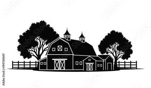 A black silhouette illustration of a rustic country barn surrounded by two large leafy oak trees
