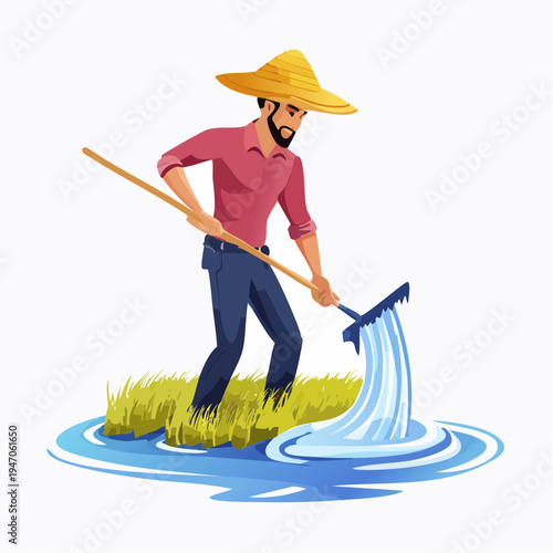 Farmer tending to crops with water by using a rake in a field illustration