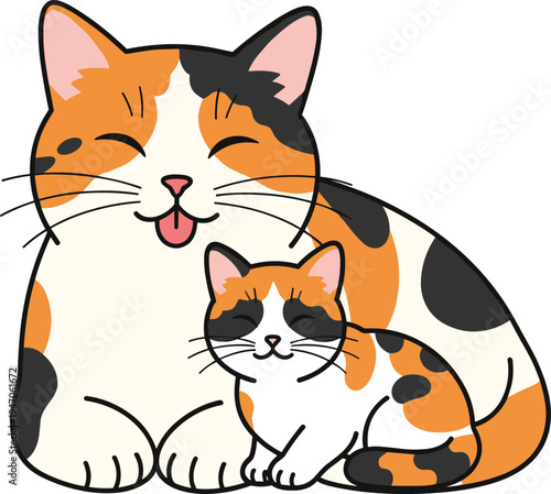 Calico cat mother and kitten vector illustration, tricolor spotted feline family, happy mother cat with baby, nursery art, isolated on white, pet.