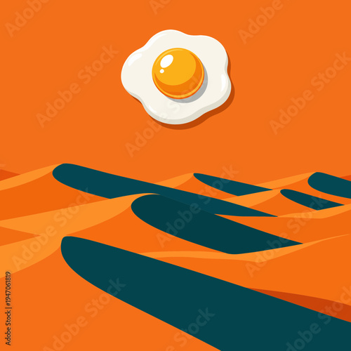 Sunny Side Up Egg Over Desert Dunes generative AI art absurdism playful surrealism bubbly typography