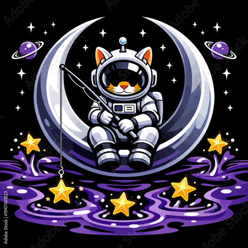 Astronaut Cat Fishing for Stars on the Moon generative AI art absurdism playful surrealism bubbly ty