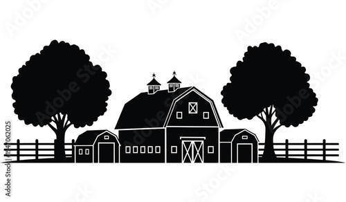 A black silhouette illustration of a rural farm with a large barn and trees in a pastoral setting