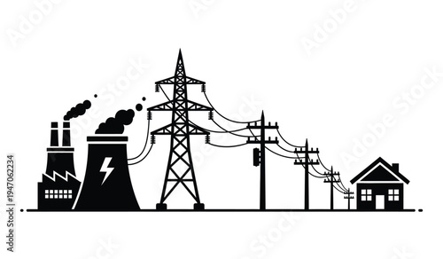 Industrial power plant connected to a residential house through high voltage electrical power lines