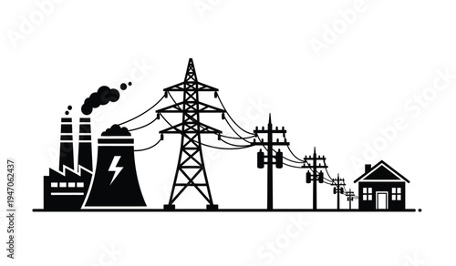 Black and white illustration of an industrial power plant supplying electricity to a small house