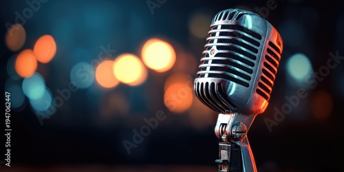 Vintage Microphone on Stage with Bokeh Lights.