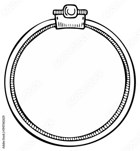 Embroidered hoop hand drawn illustration, sewing element with round form design.
