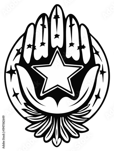Mystical Hand with Stars within Circular Frame: Celestial Protection Emblem