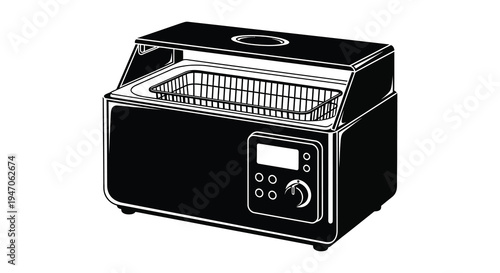 A stark black silhouette depicts a modern air fryer appliance with a digital display and basket silhouette