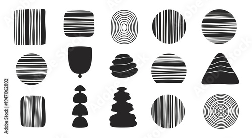 Abstract stacked stone shapes and linear patterns a black and white silhouette
