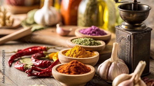 Colorful spices and herbs in wooden bowls with garlic and mortar on rustic table top view flat lay