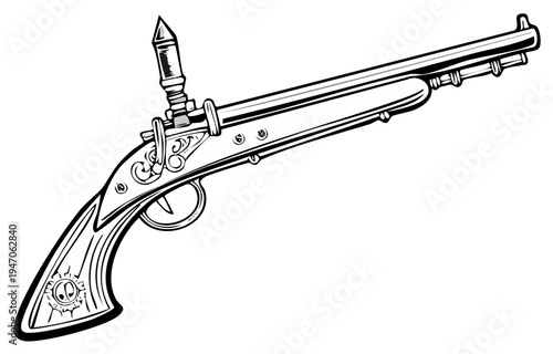 Illustration of an Antique Flintlock Pistol Weapon Isolated on White Background