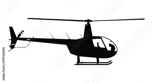 Silhouetted helicopter design side view with landing skids and detailed rotor system