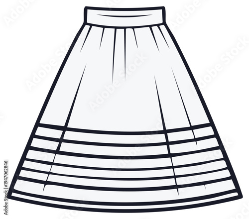 Outline illustration of a women's flared skirt with gathered waist and decorative horizontal bands