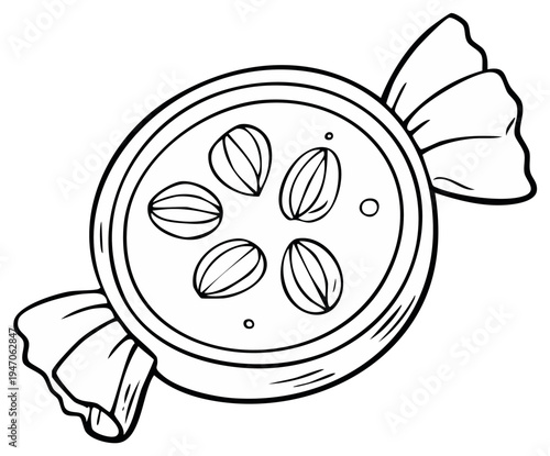 Line art drawing of a wrapped hard candy with small seeds or nuts inside and decorative twists on the wrapper