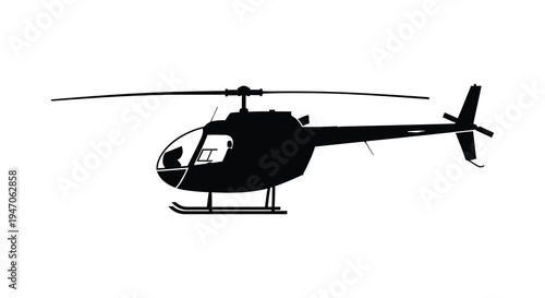 A black silhouette of a helicopter depicted in a side profile view against a white background