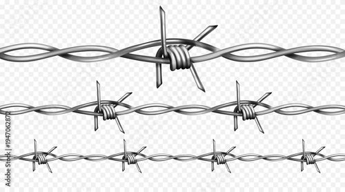 Barb wire vector illustration - twisted metal fence with sharp spikes. Isolated barbwire border design for military, prison or security themes. Realistic razor pattern with iron barrier elements.