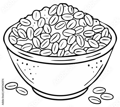 Hand drawn illustration of a ceramic bowl overflowing with healthy whole grain oats