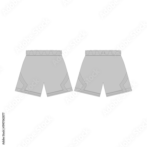 Blank grey athletic shorts mockup template, front and back view flat sketch. Sportswear basketball shorts tech pack technical drawing isolated design, streetwear apparel clothing fashion.