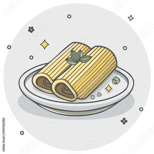 Two delicious stuffed pasta tubes with fresh herb garnish on a white plate