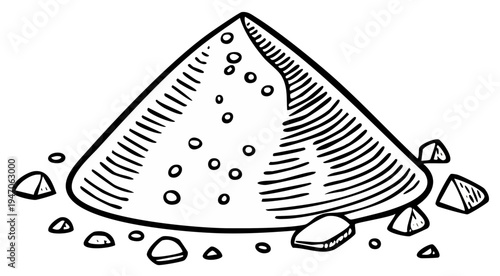 Ink drawing of a pile of sand with scattered stones, graphic art