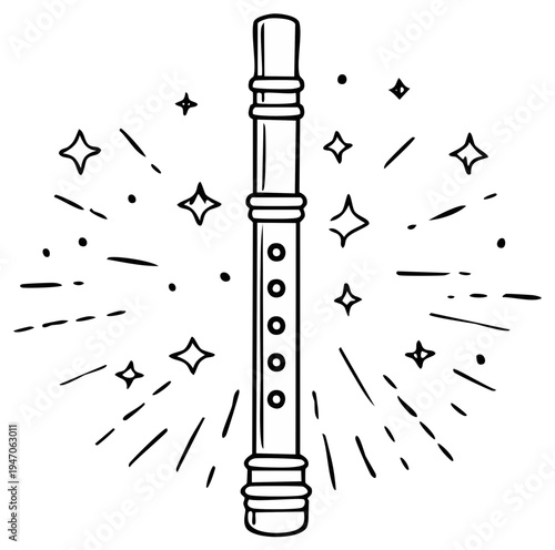 Black and white hand drawn recorder instrument with starburst and stars illustration
