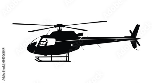 Silhouette of a helicopter in flight against a plain white background