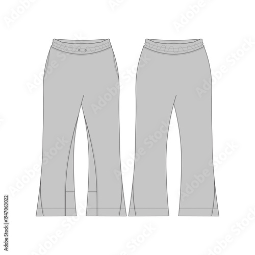 Blank grey sweatpants flat sketch front and back view mockup. Women flared lounge pants technical CAD drawing. Wide leg track pants with elastic waist apparel clothing template for tech pack isolated.